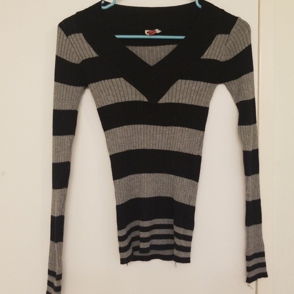 Black and Grey Striped Stretchy Long Sleeve Shirt